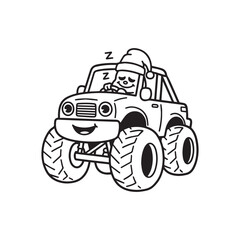 Cheerful Monster Truck with Sleepy Smiling Monster Driver Silhouette on white Background. 
