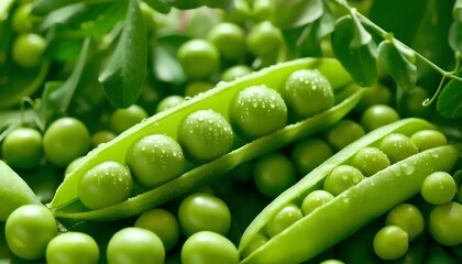 Fresh young green peas in open pods, close-up. Natural background of fresh green peas.