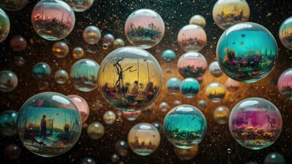 Surreal spheres with miniature fantasy landscapes floating inside, magical and imaginative concept art. Generative AI.