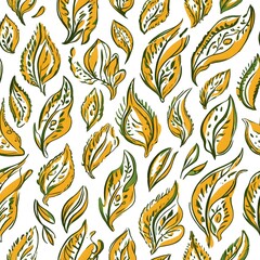 Staggered Grid Ikat Paisley Floral Seamless Pattern in Mustard Yellow and Olive