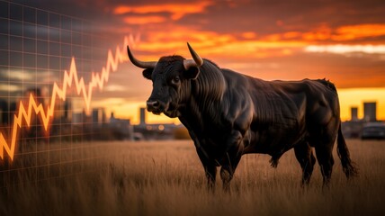 Bull in the financial market: A majestic bull stands defiant against a dynamic backdrop of a rising financial graph. This evocative image symbolizes strength and the potential for growth.