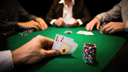 Naklejka premium Close view of poker players holding cards and chips during tense gambling session at green casino table. Generative AI.