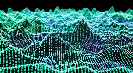 A vibrant, threedimensional digital landscape resembling rolling hills or mountain ranges, constructed from glowing binary code and data points, illustrating the concept of big data, technology