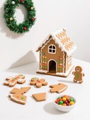 Festive Christmas Gingerbread House Decorated with Icing and Candy, Surrounded by Assorted Cookies and a Tree Wreath on White Background