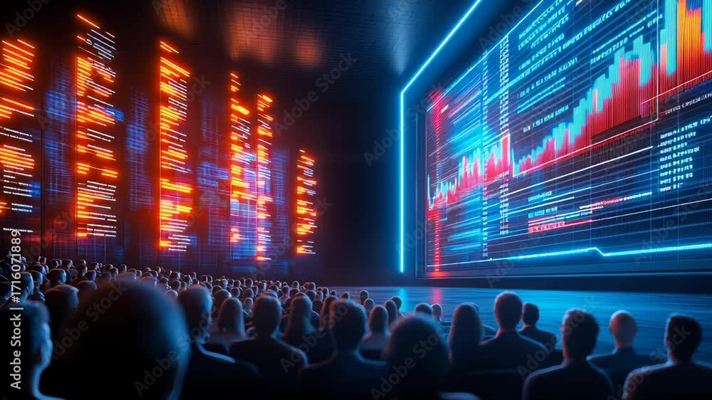 Poster Large audience watching complex digital data visualization on massive screens with vibrant blue and red graphs. Technological conference with multiple participants observing statistical displays