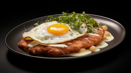 Assiette avec une escalope de poulet pan&eacute; et oeuf au plat avec sauce et herbes. Nourriture, plat, repas. Pour conception et cr&eacute;ation graphique. 