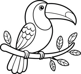 A charming black and white coloring page illustration of a toucan perched on a tree branch, a simple and fun activity for children.
