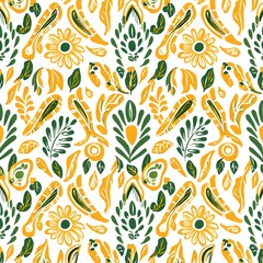 Banded Stripe Ikat Paisley Floral Seamless Pattern in Mustard Yellow and Olive