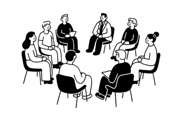 People sitting in a circle on chairs during a group meeting, hand-drawn style on white background, concept of therapy and communication