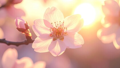 Obraz premium Close Up of Blossoming Pink Flower with Golden Sunlight in Springtime