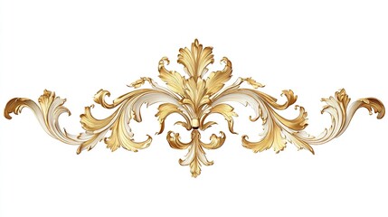 An ornate, gilded, horizontal design element featuring symmetrical, acanthus-leaf motifs, gold accents on a creamy background, isolated on white
