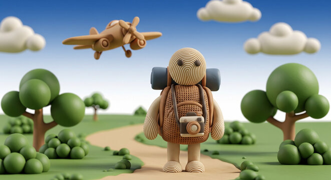Claymation scene of a traveler with a backpack and camera on a path with an airplane in the sky.