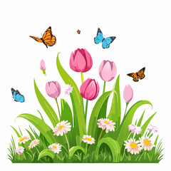 Vibrant vector spring flowers and butterflies in a lush garden setting.