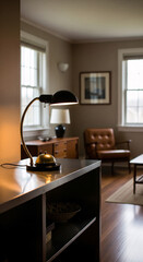A lamp in a mid century room with a stanless shelf