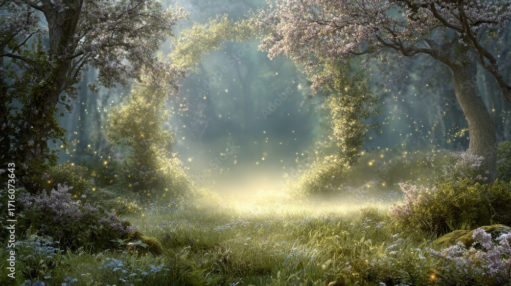 Poster enchanted forest glade with glowing orbs and blooming trees bathed in soft light