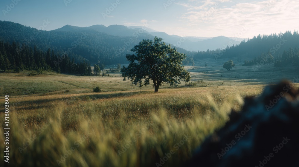 Poster a lone oak tree stands in a misty meadow with rolling hills and forest in the background