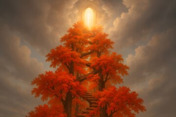 Spiral Autumn Tree Tower Leading to Celestial Gate