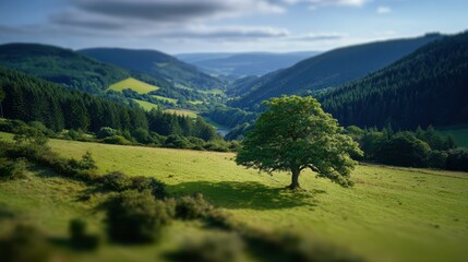 Naklejka premium Lush green rolling hills with a solitary oak tree casting a shadow under a partly cloudy sky