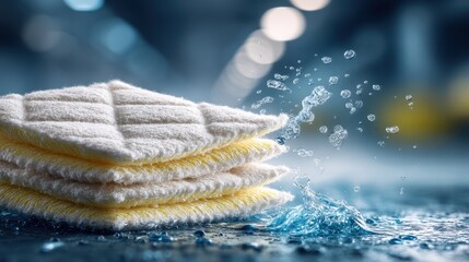 Stacked microfiber cloths with water splashes against a blurred blue background