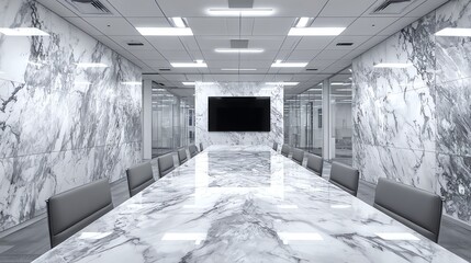 A long conference table dominates a modern room clad in white and gray marble, creating a sense of formal elegance and spaciousness, reflecting light and emphasizing clean lines.