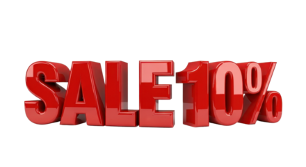 Red 3D Render 'SALE 10%' Text Isolated on White Background. Discount Offer Graphic