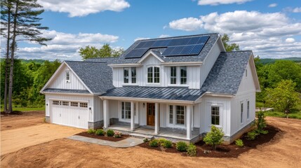 Modern white farmhouse with dark gray roof and solar panels on a sunny day with blue skies