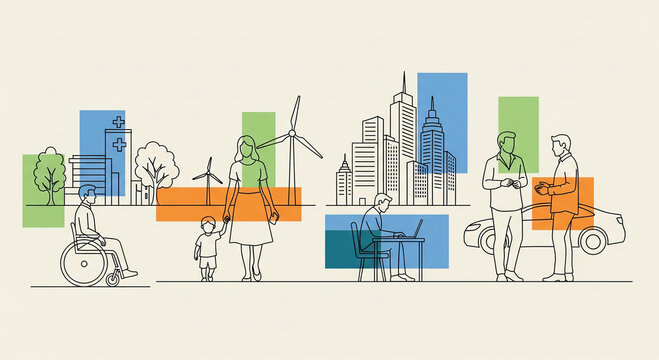 Sustainable city and society concept illustration with diverse people, renewable energy, and accessible infrastructure for a better future