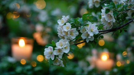 White apple blossoms on a branch with blurred candles and bokeh lights in a garden