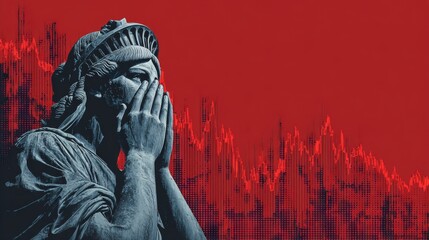 stock market recession crash USA, statue covering its mouth in shock, red falling stock market chart in the background, copy and text space, 16:9