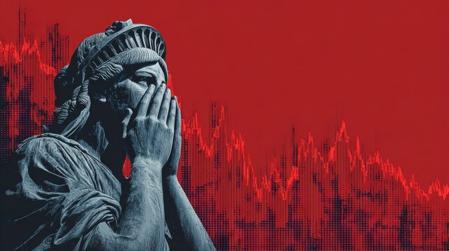 stock market recession crash USA, statue covering its mouth in shock, red falling stock market chart in the background, copy and text space, 16:9
