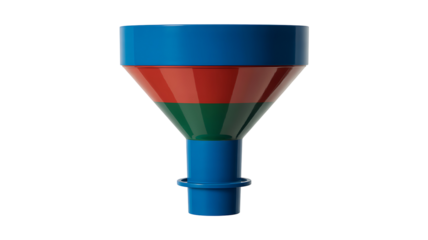 Colorful plastic funnel with red and green bands for fluid transfer or laboratory use