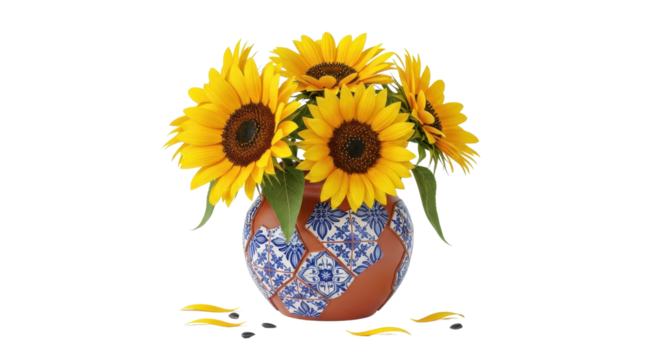 Bouquet of Bright Yellow Sunflowers in Mexican Talavera Terracotta Vase Isolated on White Background