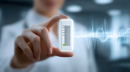 Person interacts with smart device, green button activation and modern technology integration