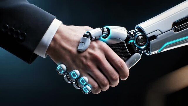 Human and Robotic Handshake Symbolizing Technology Partnership