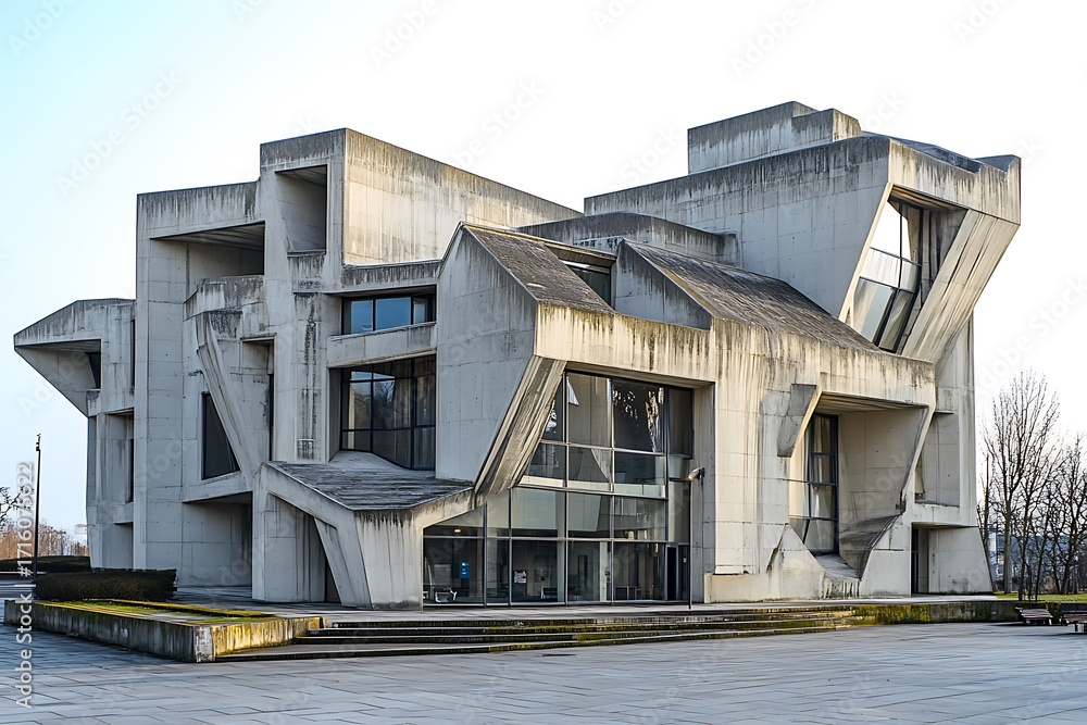 Poster angular concrete brutalist building with sharp edges and geometric patterns, set against a clear sky