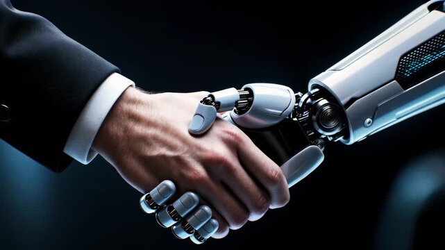 Man in Suit Shaking Hands with Illuminated Robotic Arm
