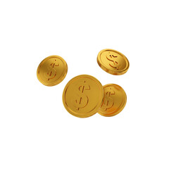 Four gold dollar coins falling against a black background