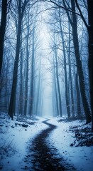 Winter Forest Path Sunlight.