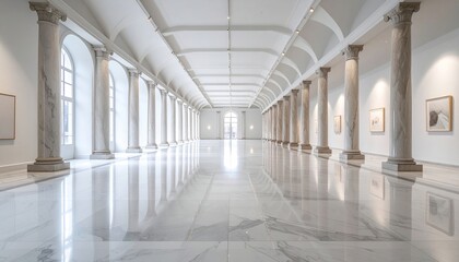 Empty, spacious art gallery hallway with polished marble floors and columns.