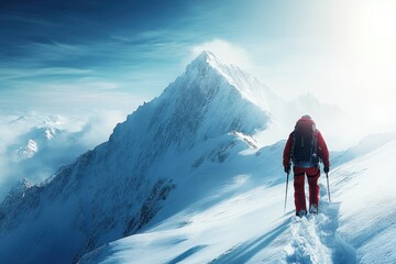 A climber ascends a snowy mountain during bright daylight in a stunning alpine landscape