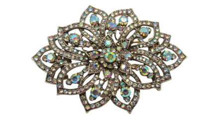 Shiny Vintage Brooch with Aurora Borealis Rhinestones on Black Background showcases sparkle and classic style for jewelry or fashion.