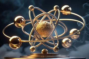 "3D rendering of metallic atom model with golden rings and orbiting electron spheres on dark smoky background, futuristic scientific illustration of atomic structure and quantum physics"