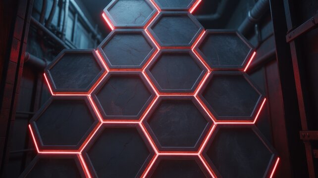 Neon Hive: Modern Design: A geometric design of interconnected hexagons, illuminated by vibrant neon lighting, creates a striking visual display of futuristic aesthetic. 