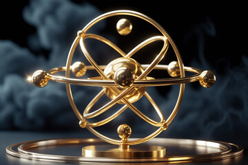 "3D rendering of metallic atom model with golden rings and orbiting electron spheres on dark smoky background, futuristic scientific illustration of atomic structure and quantum physics"
