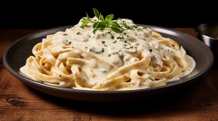 Plat de p&acirc;tes italiennes, tagliatelles avec une sauce au fromage, au poivre et aux herbes. Assiette bien garnie, plat copieux et d&eacute;licieux. Cuisine italienne. Pour conception et cr&eacute;ation graphique.