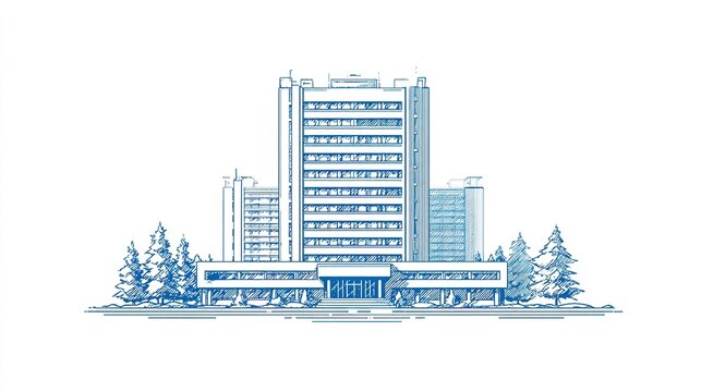 Blue print building sketch tall rectangular structure with windows, trees nearby