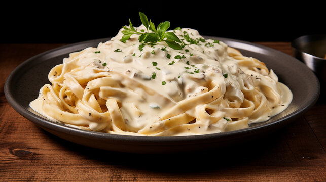 Plat de p&acirc;tes italiennes, tagliatelles avec une sauce au fromage, au poivre et aux herbes. Assiette bien garnie, plat copieux et d&eacute;licieux. Cuisine italienne. Pour conception et cr&eacute;ation graphique.