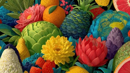 Vivid fruit and floral arrangement with intense coloring and textured surfaces