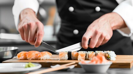 Professional Chef Preparing Sushi with Salmon and Rolls in Modern Kitchen