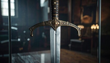 A close-up view of a medieval sword displayed inside a glass case, showcasing intricate details.